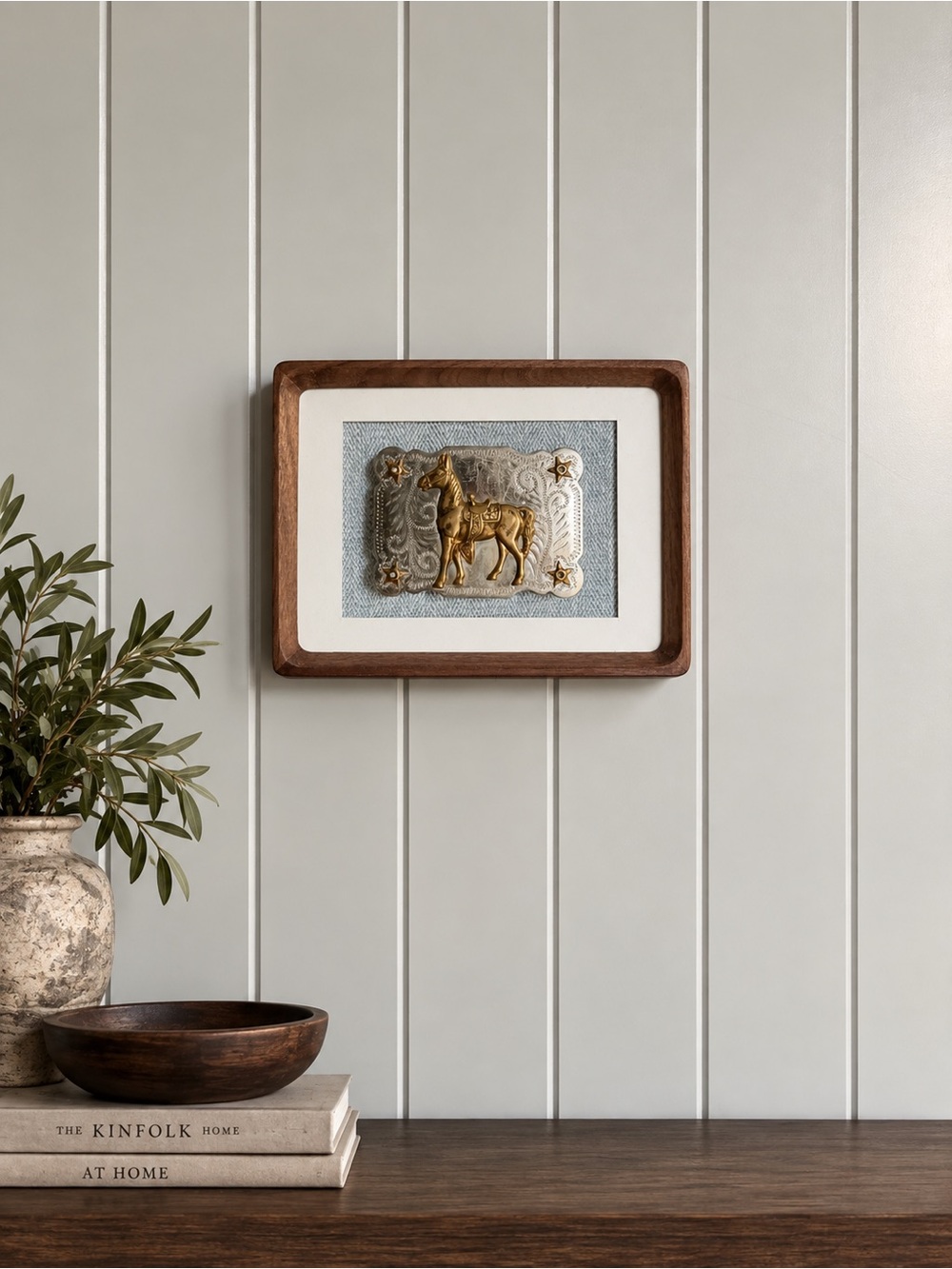 Vintage Equestrian Horse Belt Buckle Framed Wall Art